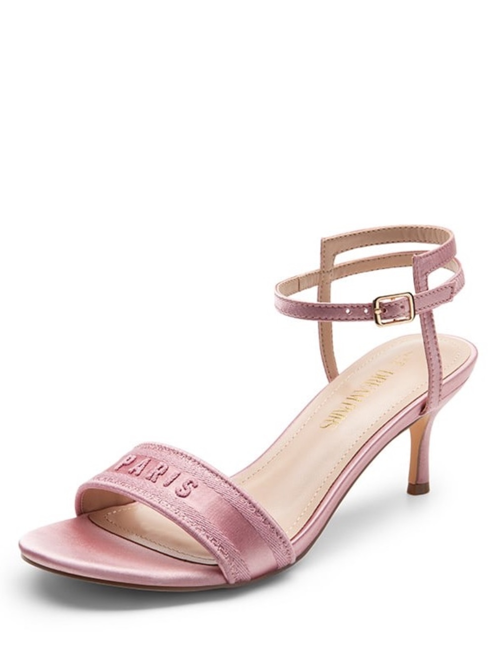 DREAM PAIRS Women's Pink Satin Ankle-Strap Heeled Sandal w/ “Paris” Monogram